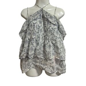PAIGE White and Blue Floral Blouse SZ Small Coastal Beach Vacation